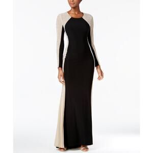 Xscape black long sleeve evening gown with beaded caviar sides
